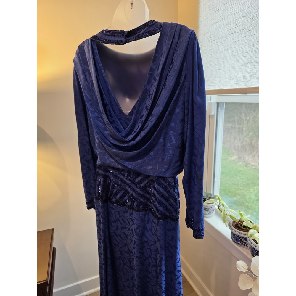 Vintage 80s Satin Print Royal Blue Maxi Cocktail Dress Open Back Sz.8/10 (M) - Picture 6 of 15